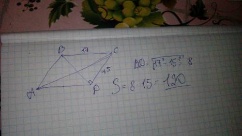 Стороны параллелограмма равны 17м и 15м . одна из диагоналей перпендикулярна к меньшей стороне найти