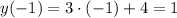 y(-1)=3\cdot(-1)+4=1