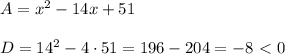 A=x^2-14x+51\\\\D=14^2-4\cdot 51=196-204=-8\ \textless \ 0