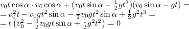 v_0t\cos\alpha\cdot v_0\cos\alpha+(v_0t\sin\alpha-\frac12gt^2)(v_0\sin\alpha-gt)=\\&#10;=v_0^2t-v_0gt^2\sin\alpha-\frac12v_0gt^2\sin\alpha+\frac12g^2t^3=\\&#10;=t\left(v_0^2-\frac32v_0gt\sin\alpha+\frac12g^2t^2\right)=0