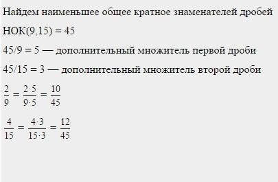 Кнаименьшему общему знаменателю дроби 2/9 и 4/15