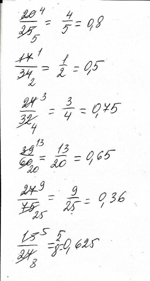 Сократите дроби и запишите их в виде десятичных дробей : 20/ 25; 17 / 34; 24/32; 39/60; 27/75; 15/24