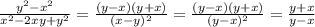 \frac{y^2-x^2}{x^2-2xy+y^2}= \frac{(y-x)(y+x)}{(x-y)^2}= \frac{(y-x)(y+x)}{(y-x)^2}= \frac{y+x}{y-x}