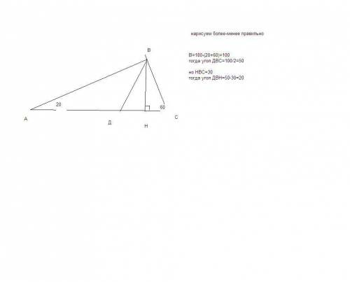 Втреугольнике авс угол а=20градусов угол с=60градусов. найдти угол между высотой вн и бессиктрисой в