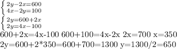 \left \{ {{2y-2x=600} \atop {4x-2y=100}} \right. &#10;&#10; \left \{ {{2y=600+2x} \atop {2y=4x-100}} \right. &#10;&#10;600+2x=4x-100&#10; 600+100=4x-2x&#10; 2x=700&#10; x=350&#10;&#10;\\2y=600+2*350=600+700=1300&#10; y=1300/2=650