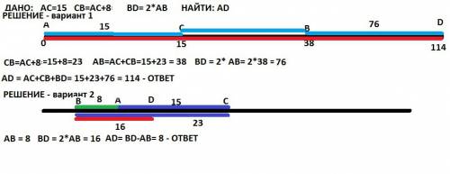 На отрезке ad отмечены точки c и b так, что c лежит между точками a и b найди длину отрезка ad если