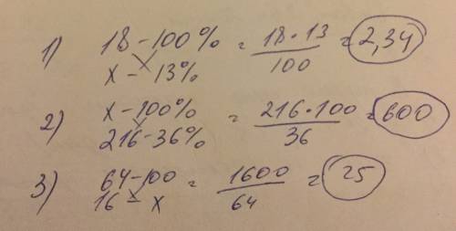 Найдите: а)найти 13% от 18 б)число, 36%= 216 в)какой % составляет 16 от 64