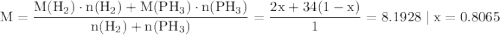 \mathrm{M = \dfrac{M(H_{2}) \cdot n(H_{2}) + M(PH_{3}) \cdot n(PH_{3})}{n(H_{2}) + n(PH_{3})} = \dfrac{2x + 34(1-x)}{1} = 8.1928 \;|\; x = 0.8065}