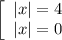 \left[\begin{array}{l} |x|=4 \\ |x|=0 \end{array}