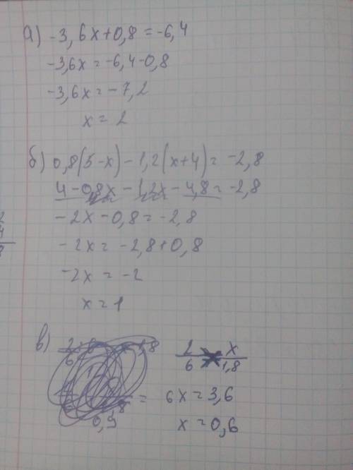 А)-3,6х+0,8=-6,4; б)0,8(5-х)-1,2(х+4)=-2,8; в)2: 6=х: 1,8. решите уравнение