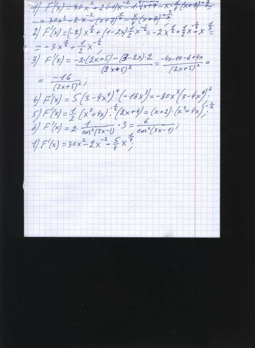 Найти производные. 1. f(x)=10х^3+2/х- х* корень 4-ой степени из х +7 2. f(x)=(1-2х)*корень из х 3. f