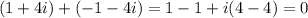 (1+4i)+(-1-4i)=1-1+i(4-4)=0