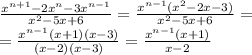 \frac{ x^{n+1} -2x^{n} -3x^{n-1} }{ x^{2} -5x+6} = \frac{x^{n-1}( x^{2} - 2x -3)}{ x^{2} -5x+6} = \\ &#10;=\frac{x^{n-1}(x+1)(x-3)}{(x-2)(x-3) } = \frac{x^{n-1}(x+1)}{x-2} \\