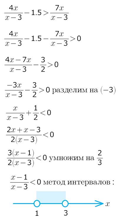 Пример: 4x/x-3-1,5 > 7x/x-3 ответ: (1; 3) найти решение