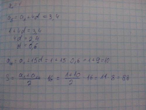 Найдите сумму 16 первых членов арифметической прогрессии, если а1=1, а а5=3,4.
