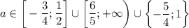 a \in \bigg[-\dfrac{3}{4}; \dfrac{1}{2} \bigg]\cup \bigg[\dfrac{6}{5}; + \infty \bigg) \cup \begin{Bmatrix} -\dfrac{5}{4}; 1 \end{Bmatrix}