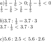 a) \frac{1}{5}-\frac{1}{6} \ \textgreater \ 0 ; \frac{1}{6} - \frac{1}{5} \ \textless \ 0 \\&#10;\frac{1}{5}-\frac{1}{6} \ \textgreater \ \frac{1}{6} - \frac{1}{5}\\ \\&#10;b)3.7:\frac{1}{3} = 3.7\cdot3 \\ 3.7\cdot\frac{1}{3} \ \textless \ 3.7\cdot3 \\ \\&#10;c)5.6:2.5 \ \textless \ 5.6 \cdot 2.6