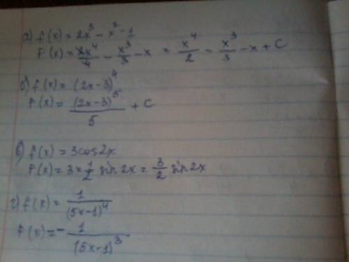 Найдите общий вид первообразной а)f(x)=2x^3-x^2-1 б)f(x)=(2x-3)^4 в)f(x)=3cos2x. в)f(x)=1/(5x-1)^4