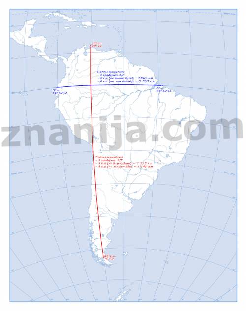 Определите протяженность южной америки в градусах и километрах с севера на юг по меридиану 70 градус
