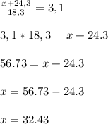 \frac{x+24,3}{18,3}=3,1 \\ \\ 3,1*18,3=x+24.3 \\ \\ 56.73=x+24.3 \\ \\ x=56.73-24.3 \\ \\ x=32.43