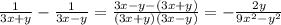 \frac{1}{3x+y}-\frac{1}{3x-y}=\frac{3x-y-(3x+y)}{(3x+y)(3x-y)}=-\frac{2y}{9x^2-y^2}