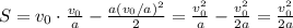 S=v_0 \cdot \frac{v_0}{a} - \frac{a(v_0/a)^2}{2}= \frac{v_0^2}{a}- \frac{v_0^2}{2a}= \frac{v_0^2}{2a}