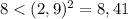 8< (2,9)^2 = 8,41