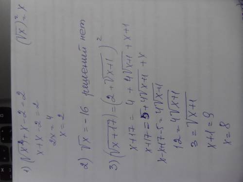 Решите иррациональное уравнение 1) √x^2+x-2=2 2) √x+16=0 3 √x+17-√x+1=2