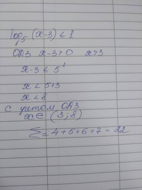 Log_{5} (x-3)≤1 найти сумму его целых решений