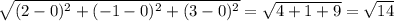 \sqrt{ (2-0)^{2}+(-1-0)^2+(3-0)^2 }= \sqrt{4+1+9}= \sqrt{14}