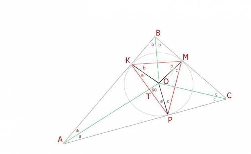 Окружность, вписанная в треугольник abc, касается его сторон в точках m, k и p. найдите углы треугол
