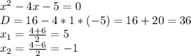 x^2-4x-5=0 \\ D=16-4*1*(-5)=16+20=36 \\ &#10;x_1= \frac{4+6}{2} =5 \\ &#10;x_2= \frac{4-6}{2} =-1&#10;&#10;