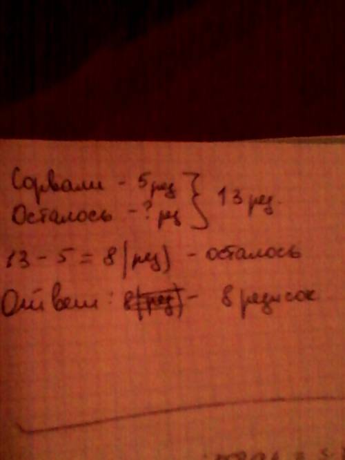Как записать правильно условие? всего 13 редисок,сорвали 5.сколько редисок осталось на грядке?