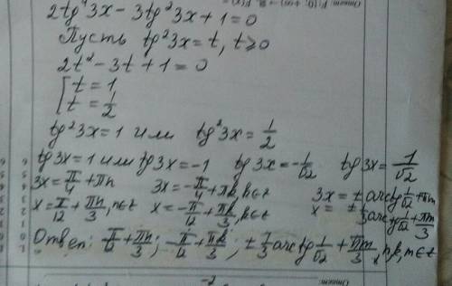 Тригонометрия 2tg^4 3x-3tg^2 3x+1=0.. подробнее на фото нужно решение!