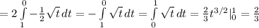 =2 \int\limits^0_1 {- \frac{1}{2} \sqrt{t} \, dt=- \int\limits^0_1 { \sqrt{t}} \, dt= \int\limits^1_0 { \sqrt{t}} \, dt = \frac{2}{3}t^{3/2}|_0^1= \frac{2}{3}