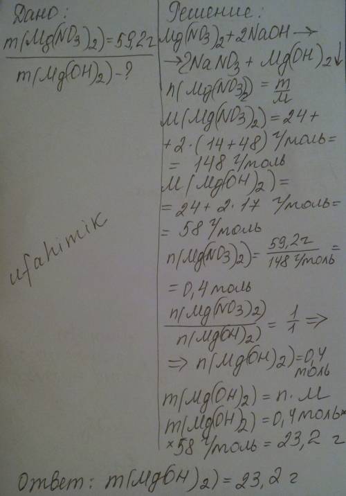 Расчитайте массу осадка, который образуется при добовлении 59,2 г нитрата магния в избытке раствора