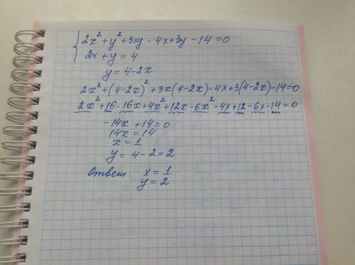 Решите систему уравнений 2x^2+y^2+3xy-4x+3y-14=0 2x+y=4