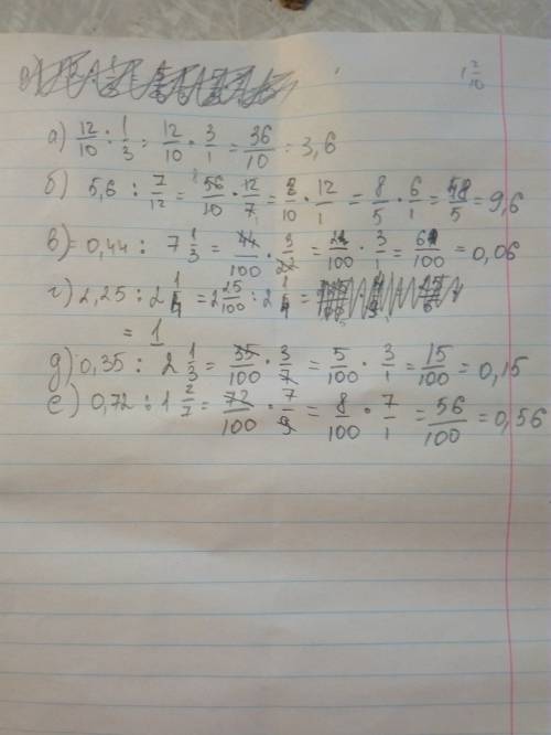 Выполните деление: а)1,2: 1/3; б)5,6: 7/12; в)0,44: : 7целых1/3; г)2,25: 2целых1/4; д)0,35: 2целых1/