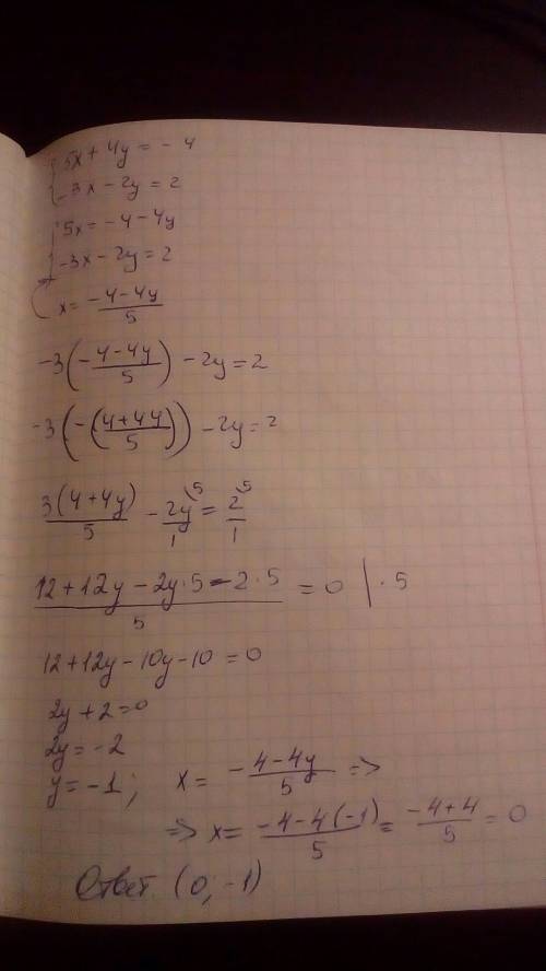 Решите систему двух уравнений с двумя неизвестными 1)5x+4y=-4 2)x+y=2 -3x-2y=2 xy=-15