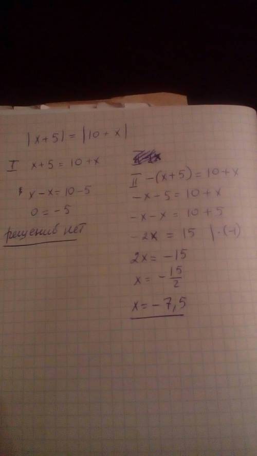 Вся надежда на вас. решите |x+5| = |10+x|