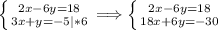 \left \{ {{2x - 6y = 18} \atop {3x + y = -5|*6}} \right. \Longrightarrow \left \{ {{2x - 6y = 18} \atop {18x+6y=-30}} \right.