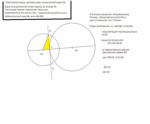 Расстояние между центрами двух окружностей равно 50 см. одна из них имеет радиус 25 см, другая 30 см