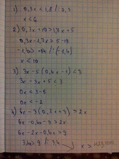 Решите неравенства 1) 0,3x < 1,8 2) 0,3x+19> 1,7x+5 3) 3x-5 (0,6x-1)< 3 4) 6x-3 (0,2x+3)>