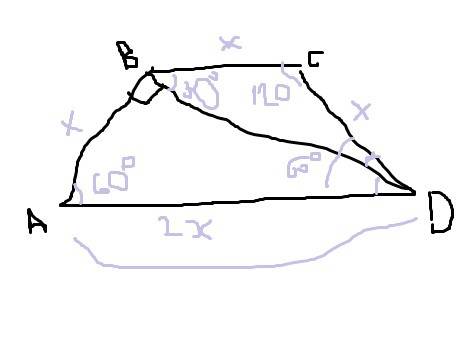 Втрапеции abcd диагональ bd перпендикулярна боковой стороне ab,угол adb=bdc=30 градусов.найдите длин