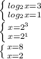 \left \{ {{log_{2}x = 3 } \atop {log_2x = 1}} \right. &#10; \\ \left \{ {{x = 2^3} \atop {x=2^1}} \right. &#10; \\ \left \{ {{x=8} \atop {x=2}} \right.