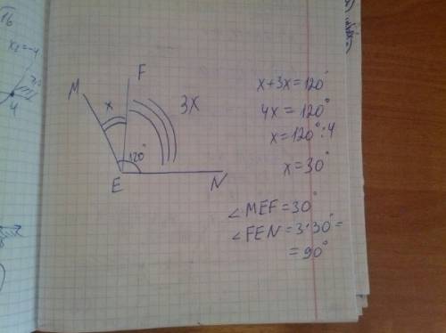 Угол мен, равный 120 градусов, разделен лучем ef на два угла. градусная мера одного из них в 3 раза