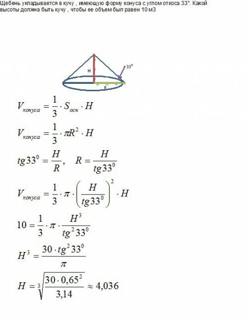 Щебень укладывается в кучу , имеющую форму конуса с углом откоса 33°. какой высоты должна быть кучу