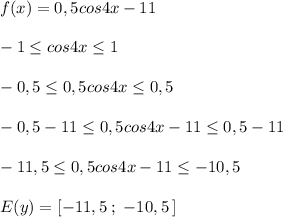 f(x)=0,5cos4x-11\\\\-1 \leq cos4x \leq 1\\\\-0,5 \leq 0,5cos4x \leq 0,5\\\\-0,5-11 \leq 0,5cos4x-11 \leq 0,5-11\\\\-11,5 \leq 0,5cos4x-11 \leq -10,5\\\\E(y)=[-11,5\; ;\; -10,5\, ]