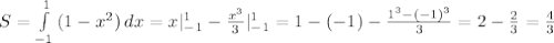 S= \int\limits^{1}_{-1} {(1-x^2)} \, dx =x|^1_{-1}- \frac{x^3}{3}|^1_{-1}=1-(-1)- \frac{1^3-(-1)^3}{3}=2- \frac{2}{3} = \frac{4}{3}