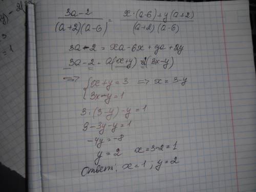 Найдите x и y при которых выполняется равенство 3а-2/(a+2)(a-6)=x/a+2 + y/a-6 завтра контрольная у м